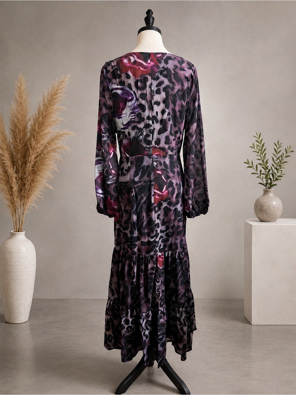Floral Animal Print Long Sleeve V Neck Cut Out Maxi Dress - Picture 8 of 8